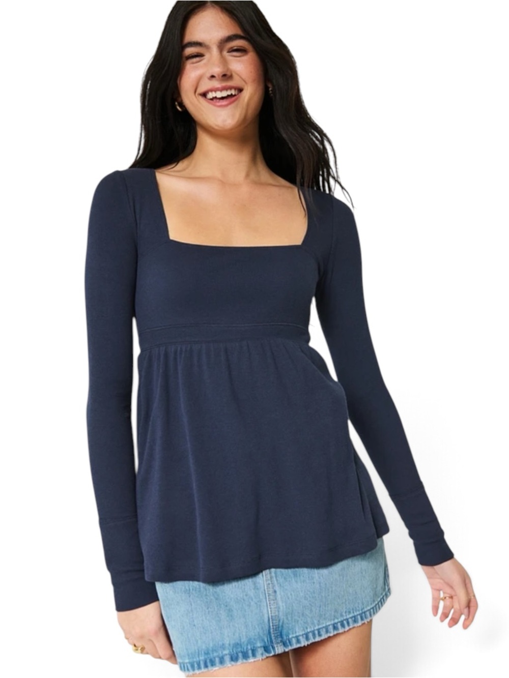 Hollister Navy Blue Long Sleeve Square Neck Babydoll Top